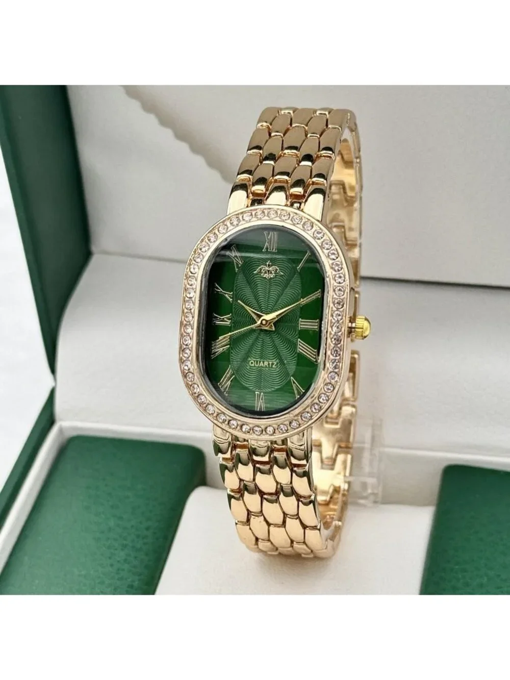 Women's Gold Strap Green Dial Oval Case Adjustable Stainless Steel Analog Watch